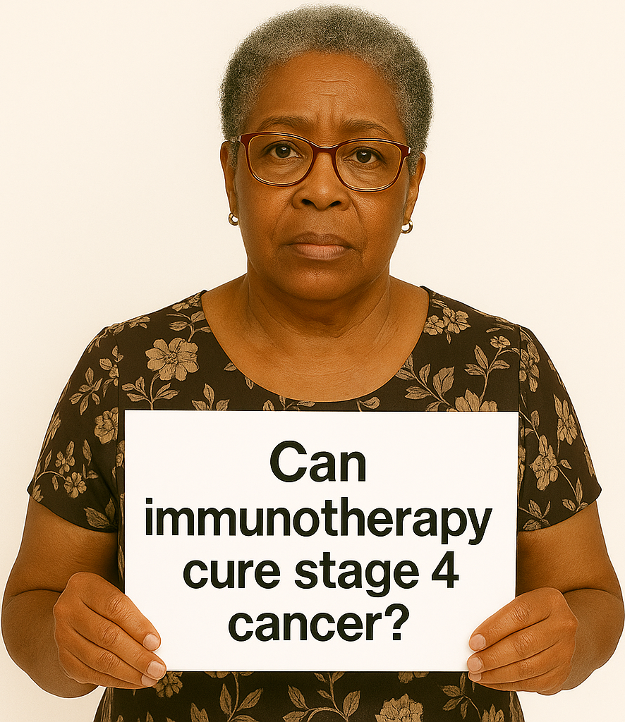 Can immunotherapy cure stage 4 cancer? A sign is held asking this commonly searched question.