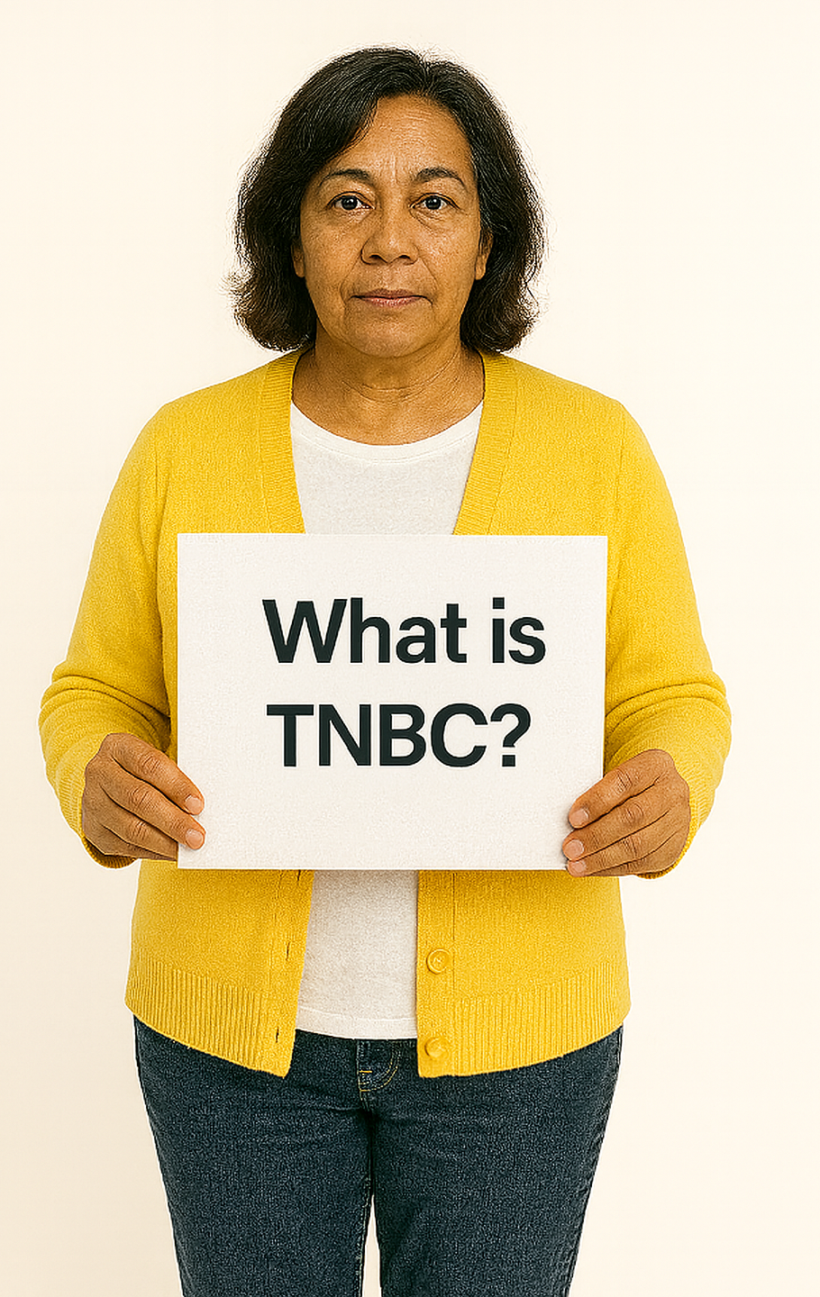 A What is TNBC? sign being held by a latino woman aged 55.