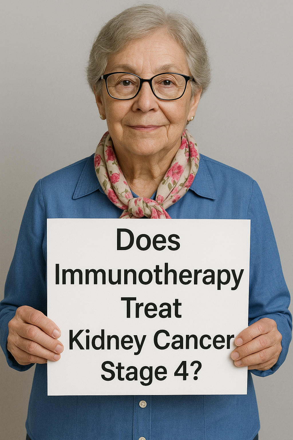 Does immunotherapy work for kidney cancer stage 4 is written on a sign held by a woman. It is a term searched by many people each month.