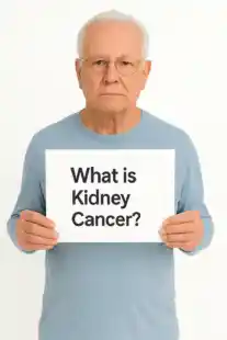 Kidney Cancer. A man fitting the older patient profile is holding a sign that says "What is Kidney Cancer?"