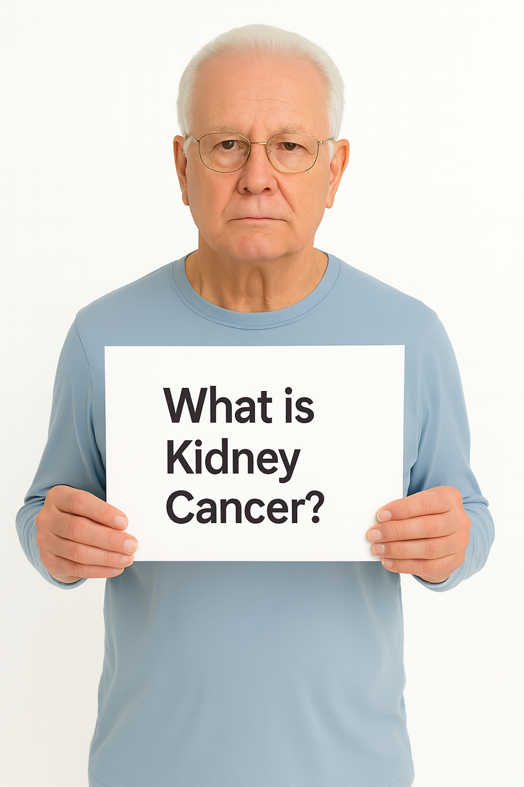 Kidney Cancer. A man fitting the older patient profile is holding a sign that says "What is Kidney Cancer?"