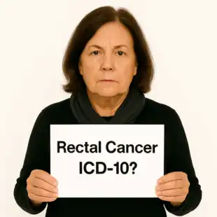 Rectal Cancer ICD 10 sign held by a woman who fits the rectal cancer likely patient age at diagnosis.