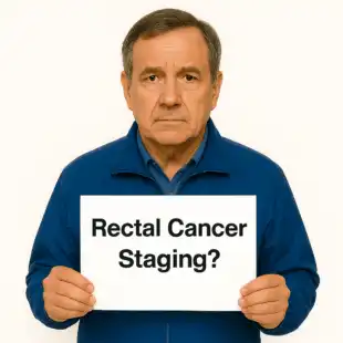 Rectal Cancer Staging sign held by a man who fits the rectal cancer likely patient age at diagnosis.