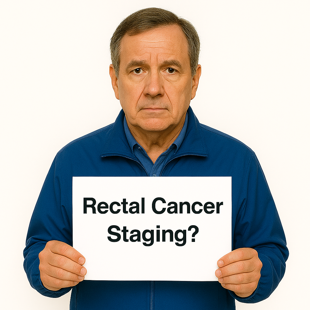 Rectal Cancer Staging sign held by a man who fits the rectal cancer likely patient age at diagnosis.