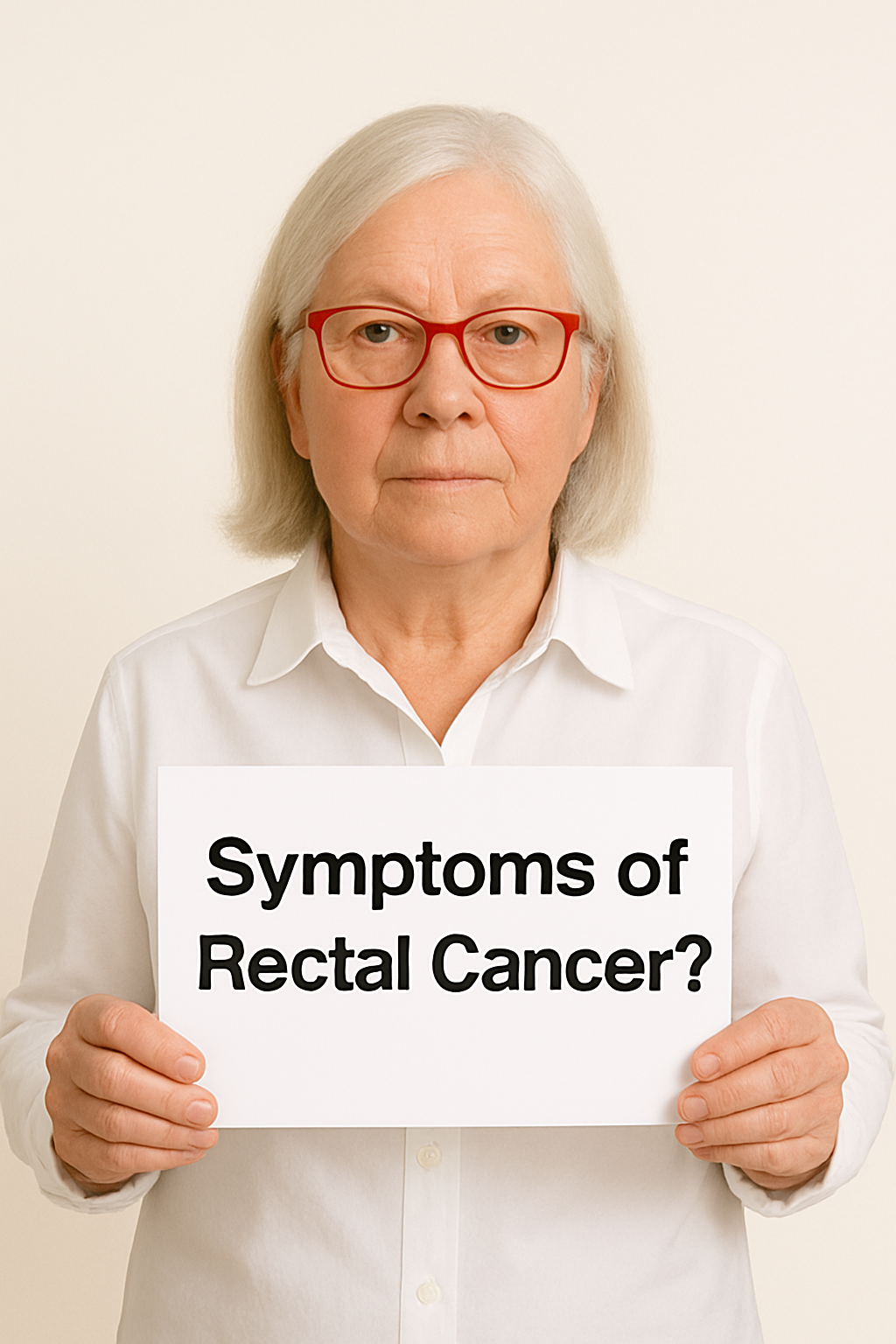 Symptoms of Rectal Cancer sign held by a woman who fits the rectal cancer likely patient age at diagnosis.